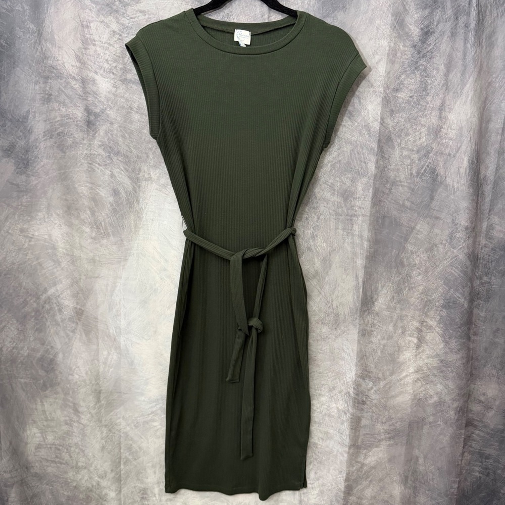 Blue Rain Olive Ribbed Belted Midi Dress Small Cap Sleeve Fall Office